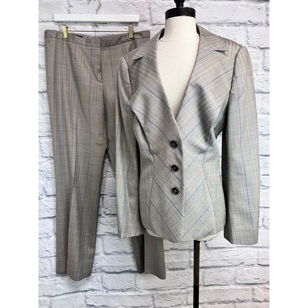Escada Pant Suit Womens 44 Grey Excellent Wool Silk Pinstripe 2 Piece Blazer Set
